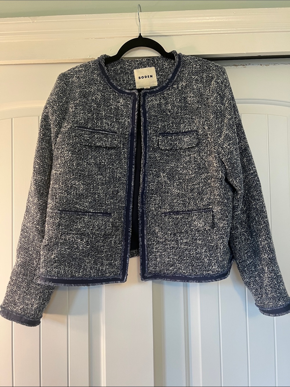 Boden Navy & White Tweed Cropped Jacket - US 16/18